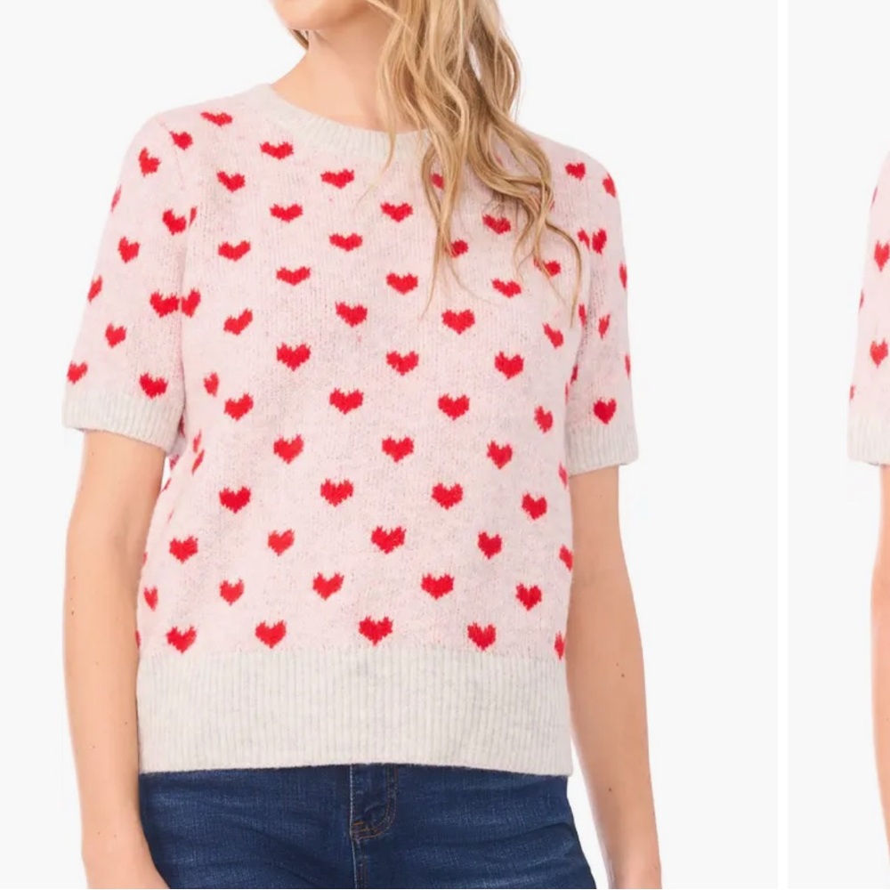 CeCe Short Sleeve Crewneck Heart Pattern Sweater